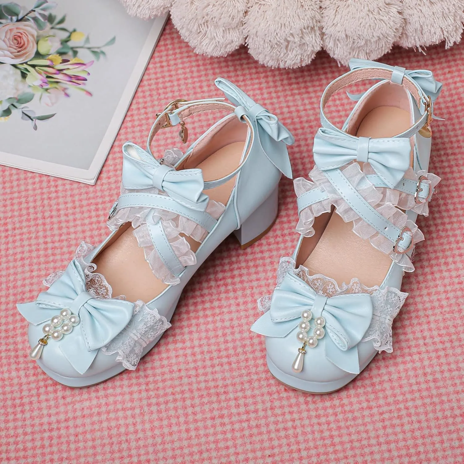 LUXMAX Women's Kawaii Shoes Cross Strap Pumps Cute Ankle Strap Mary Jane Shoes Wedding Lace Mid Chunky Heel Pumps