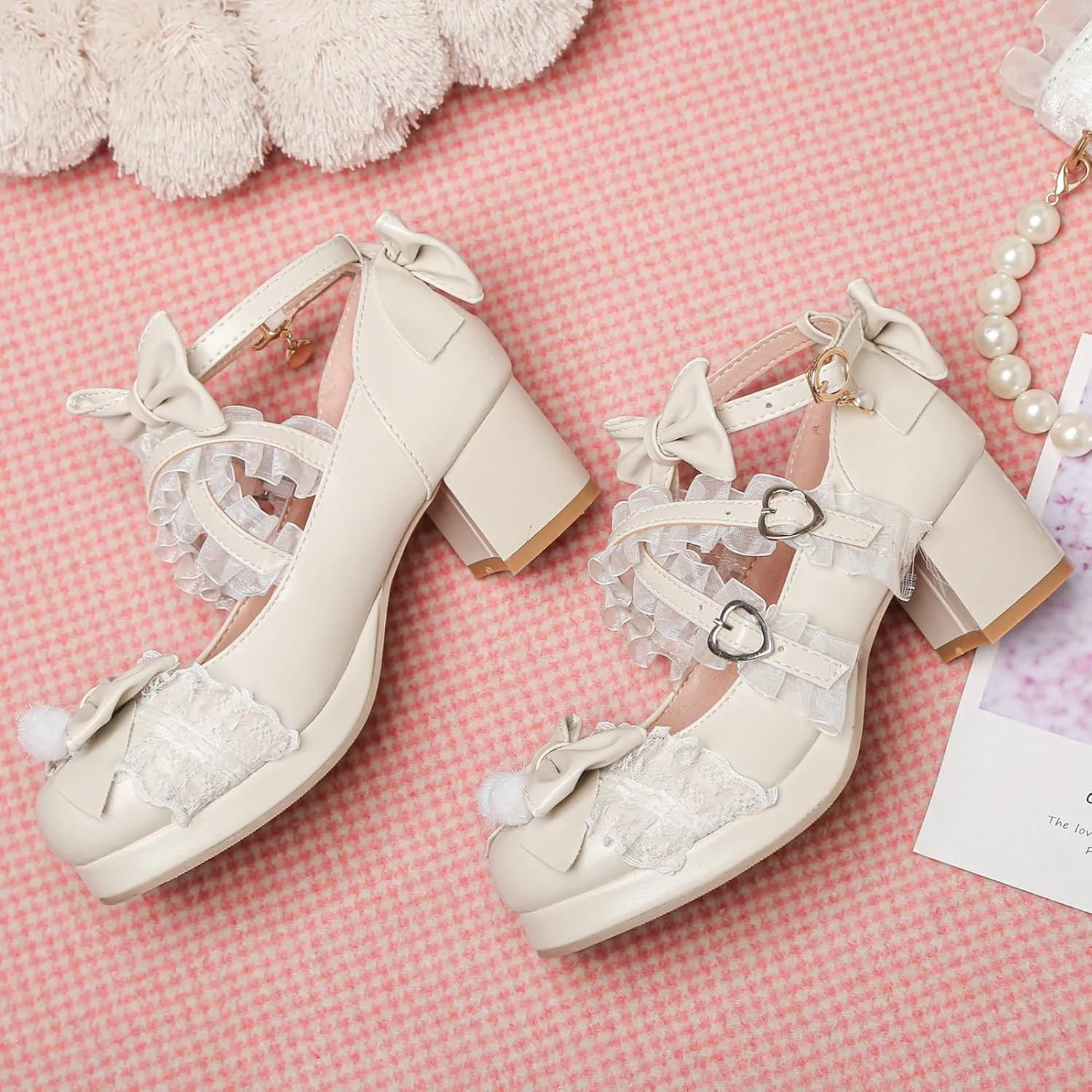 LUXMAX Women's Kawaii Shoes Cross Strap Pumps Cute Ankle Strap Mary Jane Shoes Wedding Lace Mid Chunky Heel Pumps