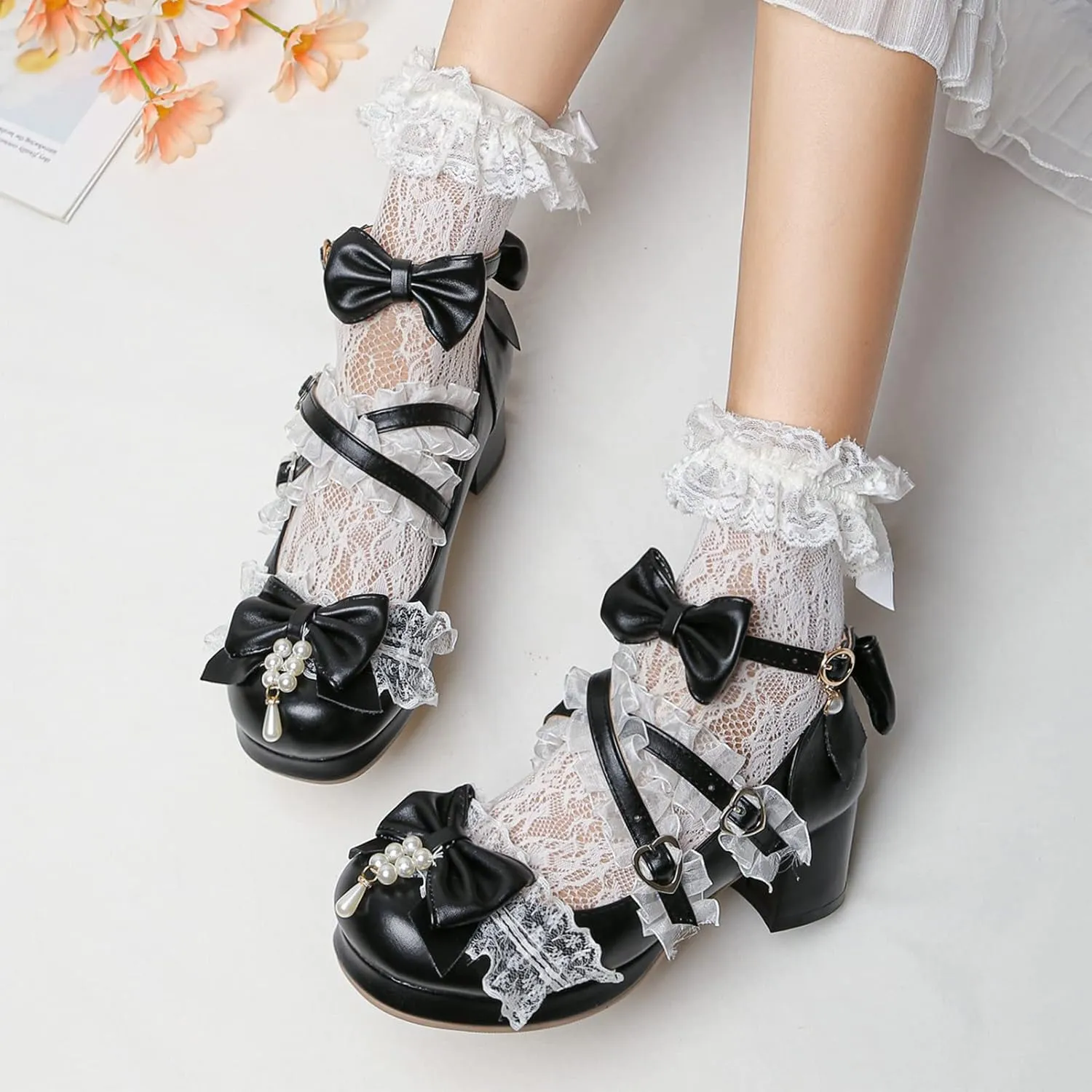 LUXMAX Women's Kawaii Shoes Cross Strap Pumps Cute Ankle Strap Mary Jane Shoes Wedding Lace Mid Chunky Heel Pumps