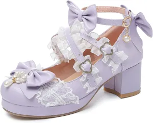 LUXMAX Women's Kawaii Shoes Cross Strap Pumps Cute Ankle Strap Mary Jane Shoes Wedding Lace Mid Chunky Heel Pumps