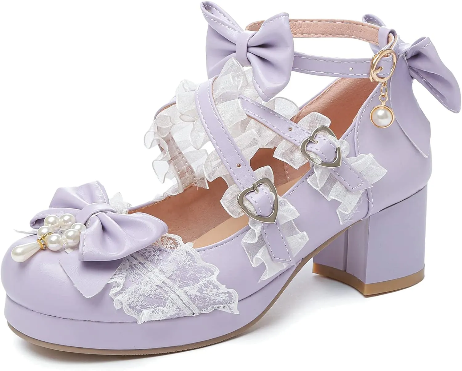 LUXMAX Women's Kawaii Shoes Cross Strap Pumps Cute Ankle Strap Mary Jane Shoes Wedding Lace Mid Chunky Heel Pumps