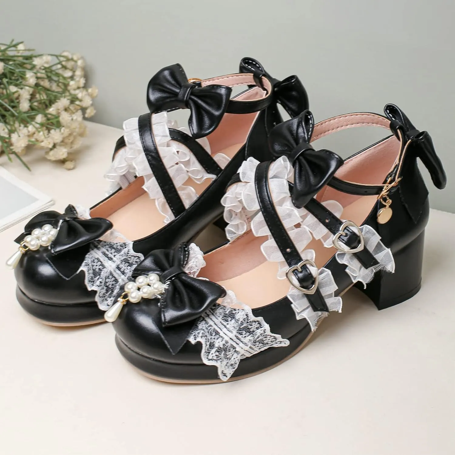 LUXMAX Women's Kawaii Shoes Cross Strap Pumps Cute Ankle Strap Mary Jane Shoes Wedding Lace Mid Chunky Heel Pumps