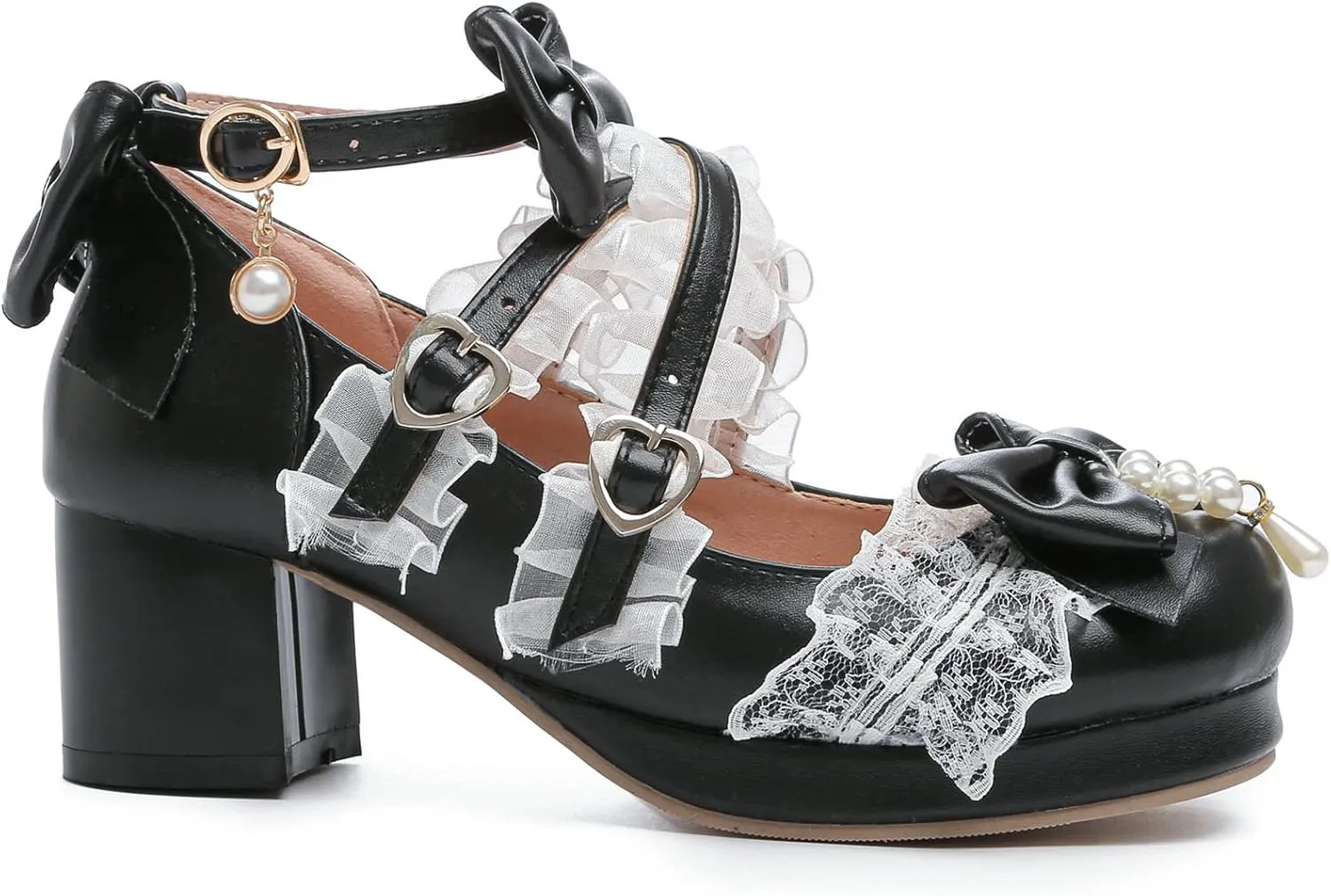 LUXMAX Women's Kawaii Shoes Cross Strap Pumps Cute Ankle Strap Mary Jane Shoes Wedding Lace Mid Chunky Heel Pumps