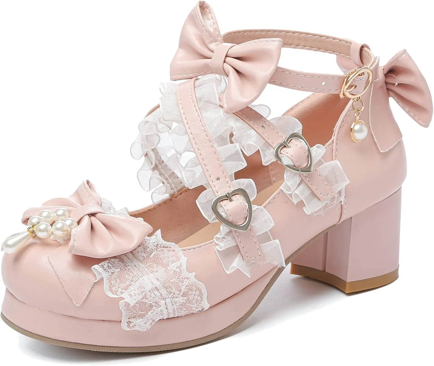 LUXMAX Women's Kawaii Shoes Cross Strap Pumps Cute Ankle Strap Mary Jane Shoes Wedding Lace Mid Chunky Heel Pumps