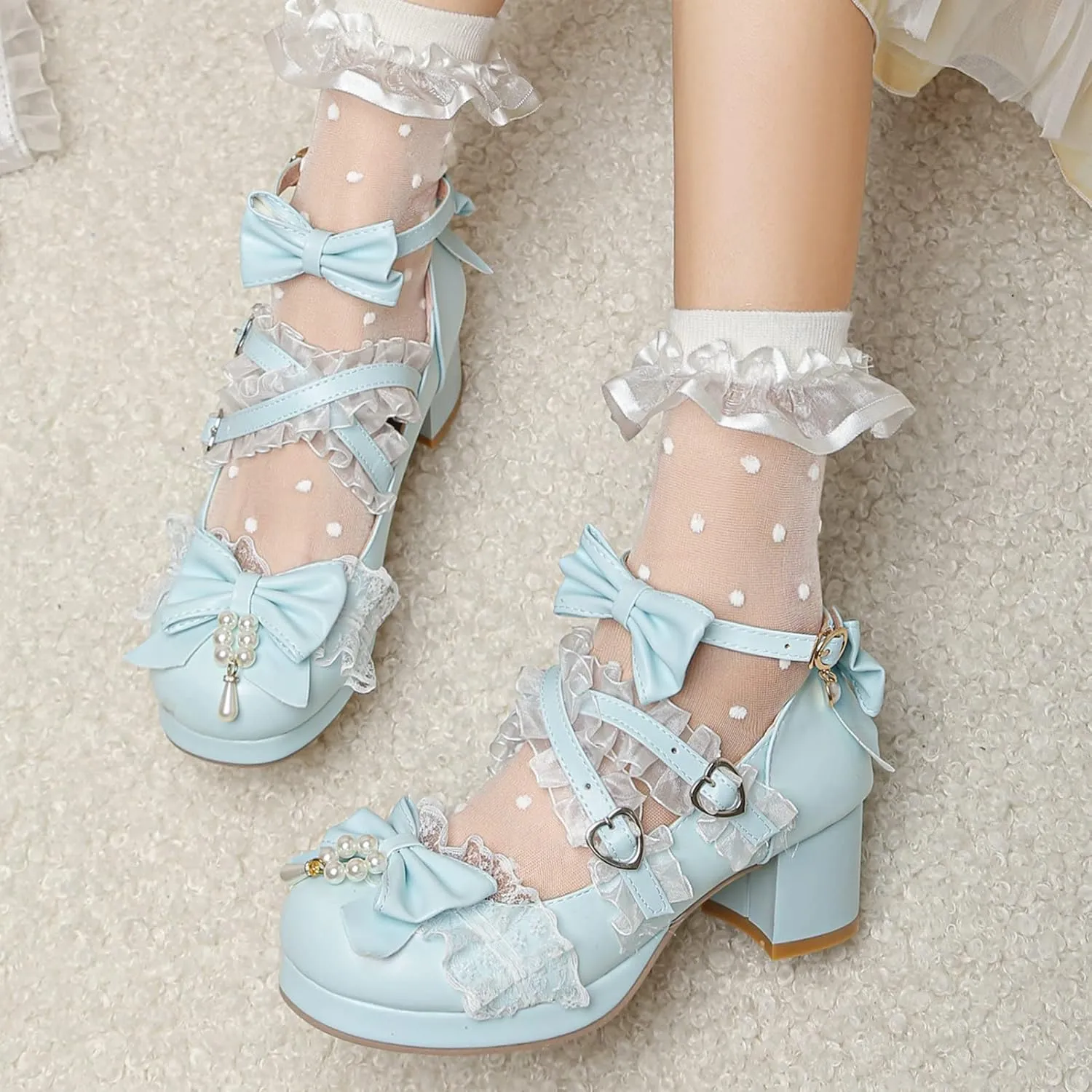 LUXMAX Women's Kawaii Shoes Cross Strap Pumps Cute Ankle Strap Mary Jane Shoes Wedding Lace Mid Chunky Heel Pumps