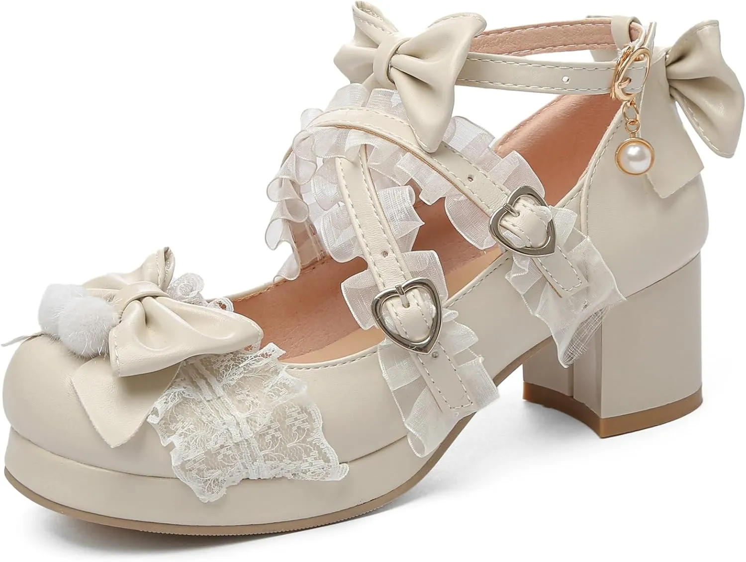 LUXMAX Women's Kawaii Shoes Cross Strap Pumps Cute Ankle Strap Mary Jane Shoes Wedding Lace Mid Chunky Heel Pumps
