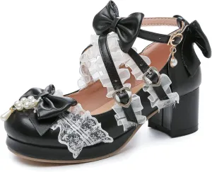 LUXMAX Women's Kawaii Shoes Cross Strap Pumps Cute Ankle Strap Mary Jane Shoes Wedding Lace Mid Chunky Heel Pumps