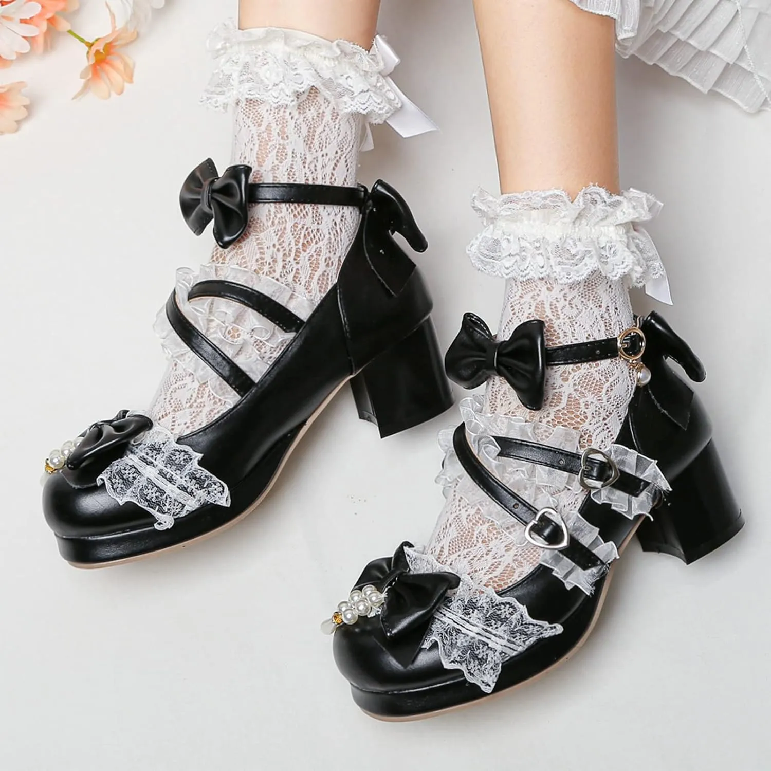 LUXMAX Women's Kawaii Shoes Cross Strap Pumps Cute Ankle Strap Mary Jane Shoes Wedding Lace Mid Chunky Heel Pumps
