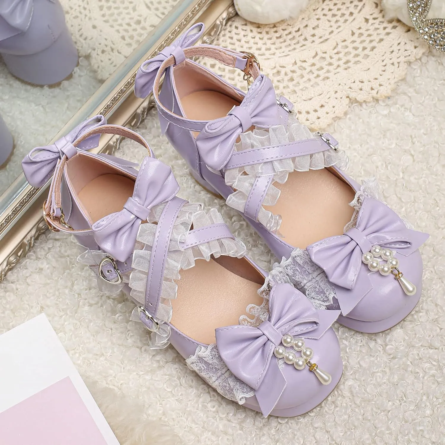 LUXMAX Women's Kawaii Shoes Cross Strap Pumps Cute Ankle Strap Mary Jane Shoes Wedding Lace Mid Chunky Heel Pumps