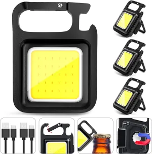 MAKDAK Keychain Flashlight Cob Keychain Work Light 4 Light Modes Small Emergency Light with Folding Bracket Bottle Opener for Fishing,Camping and Walking 4Pack