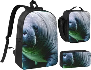 Manatee Animals Calf print Backpack Set Casual Shoulder Bag Lunch Bag Pen Pouch 3 in 1 Set 17inch for Women Men College