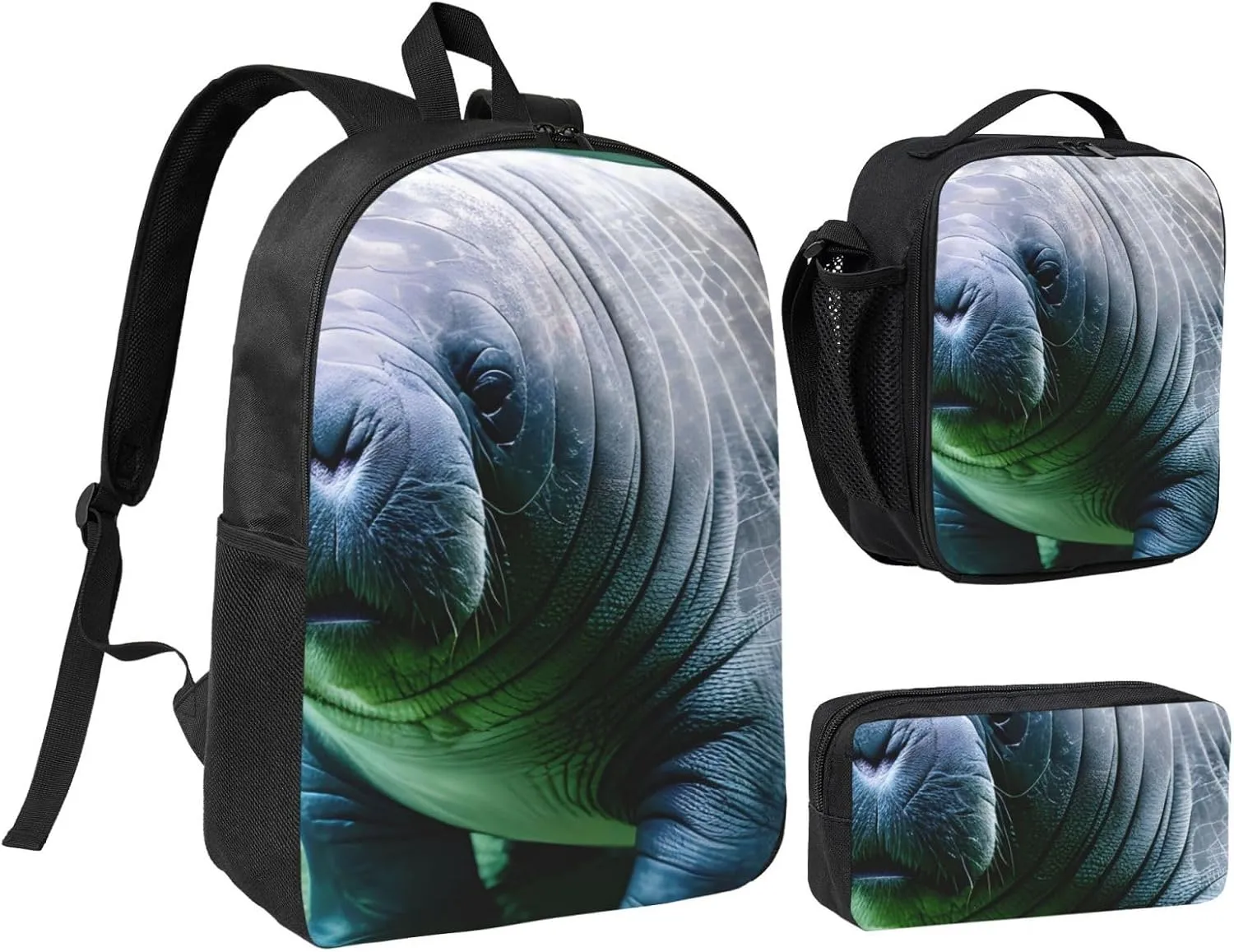 Manatee Animals Calf print Backpack Set Casual Shoulder Bag Lunch Bag Pen Pouch 3 in 1 Set 17inch for Women Men College