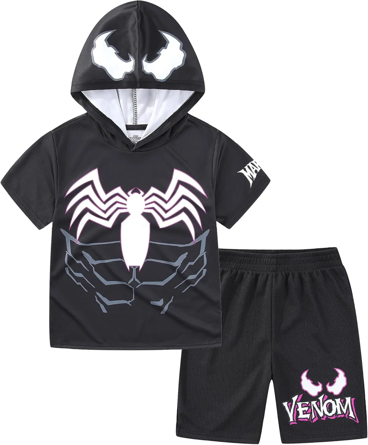 Marvel Spider-Man Venom Boys Hooded Athletic T-Shirt and Active Mesh Short Set for Big Kids