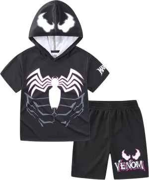 Marvel Spider-Man Venom Boys Hooded Athletic T-Shirt and Active Mesh Short Set for Big Kids