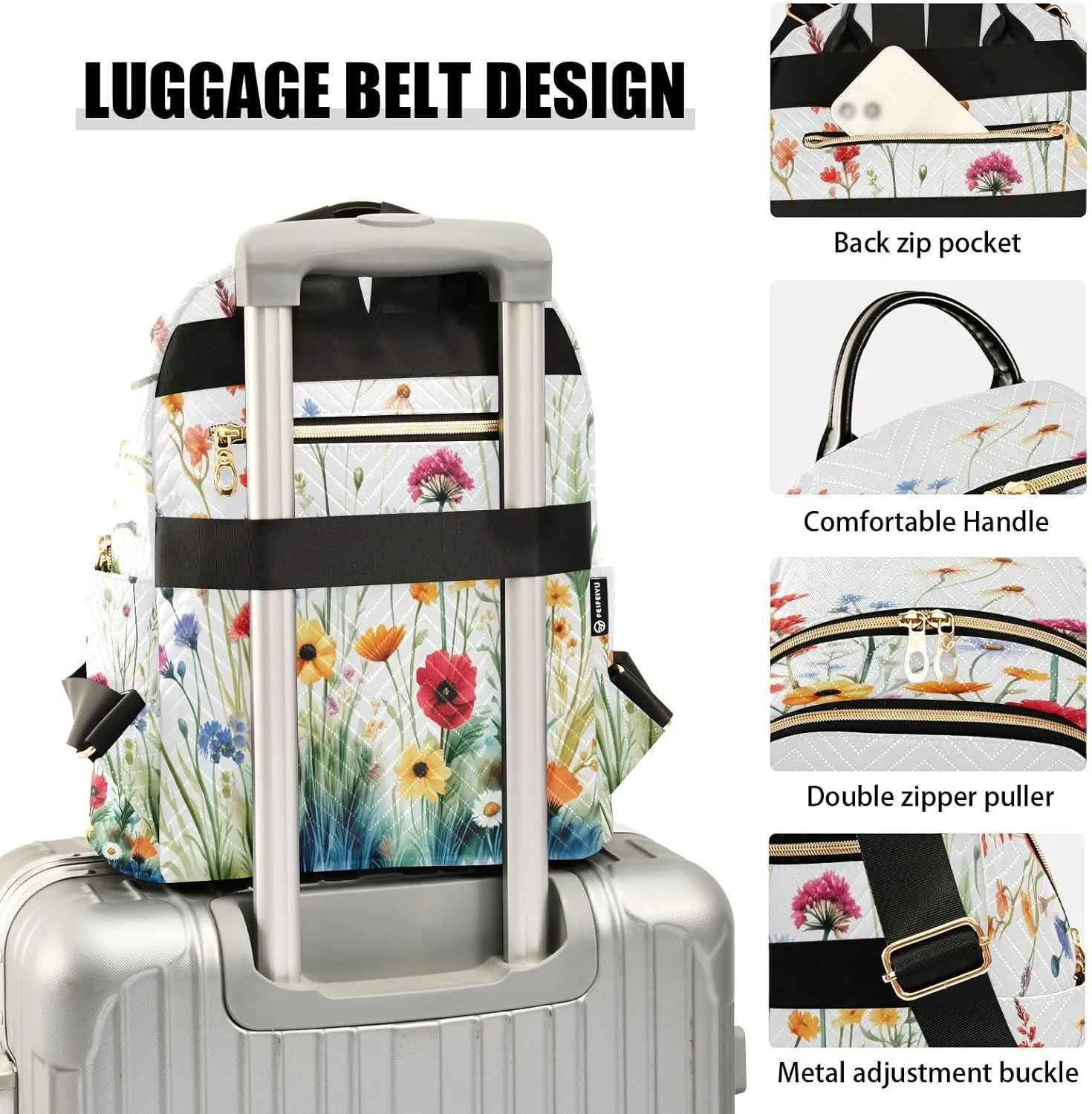 Meadow Flowers White Backpack Purse for Women Travel Bag with Anti-theft Back for College Trips S