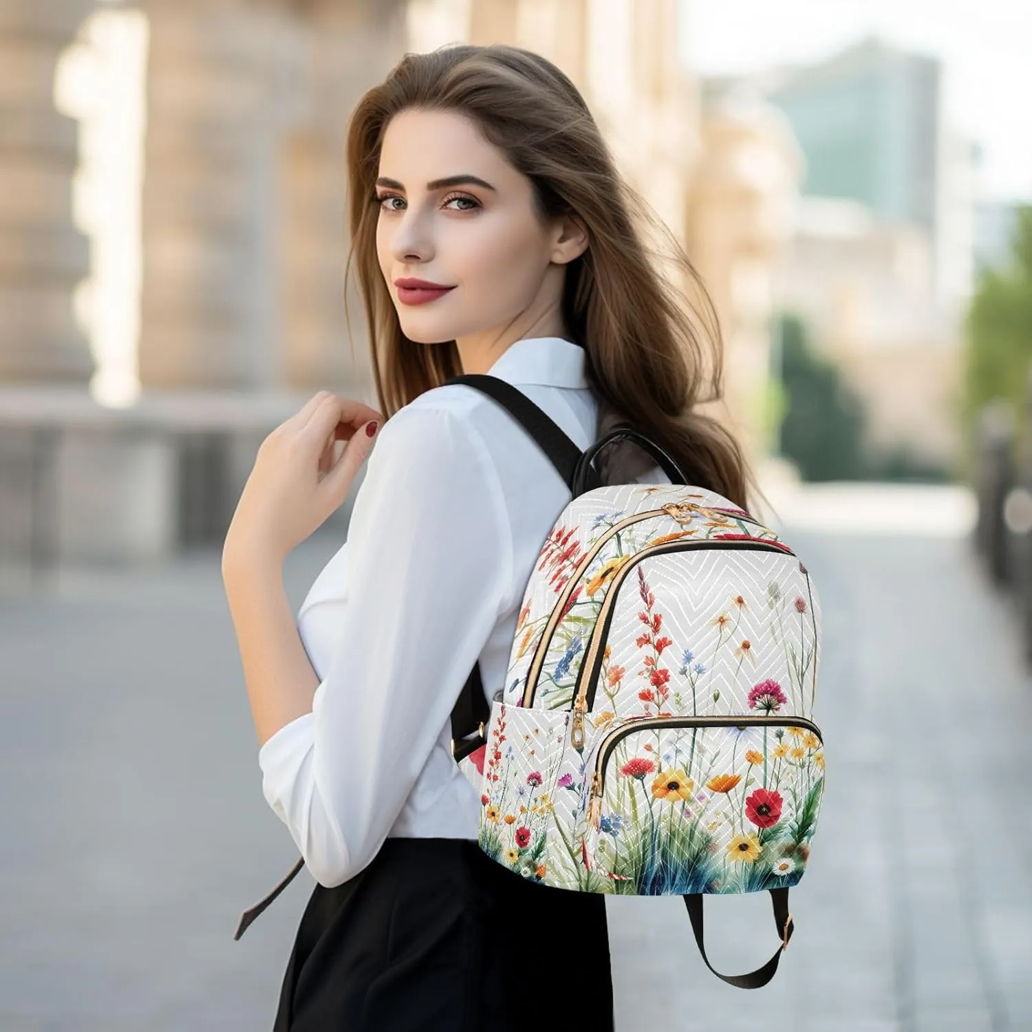 Meadow Flowers White Backpack Purse for Women Travel Bag with Anti-theft Back for College Trips S