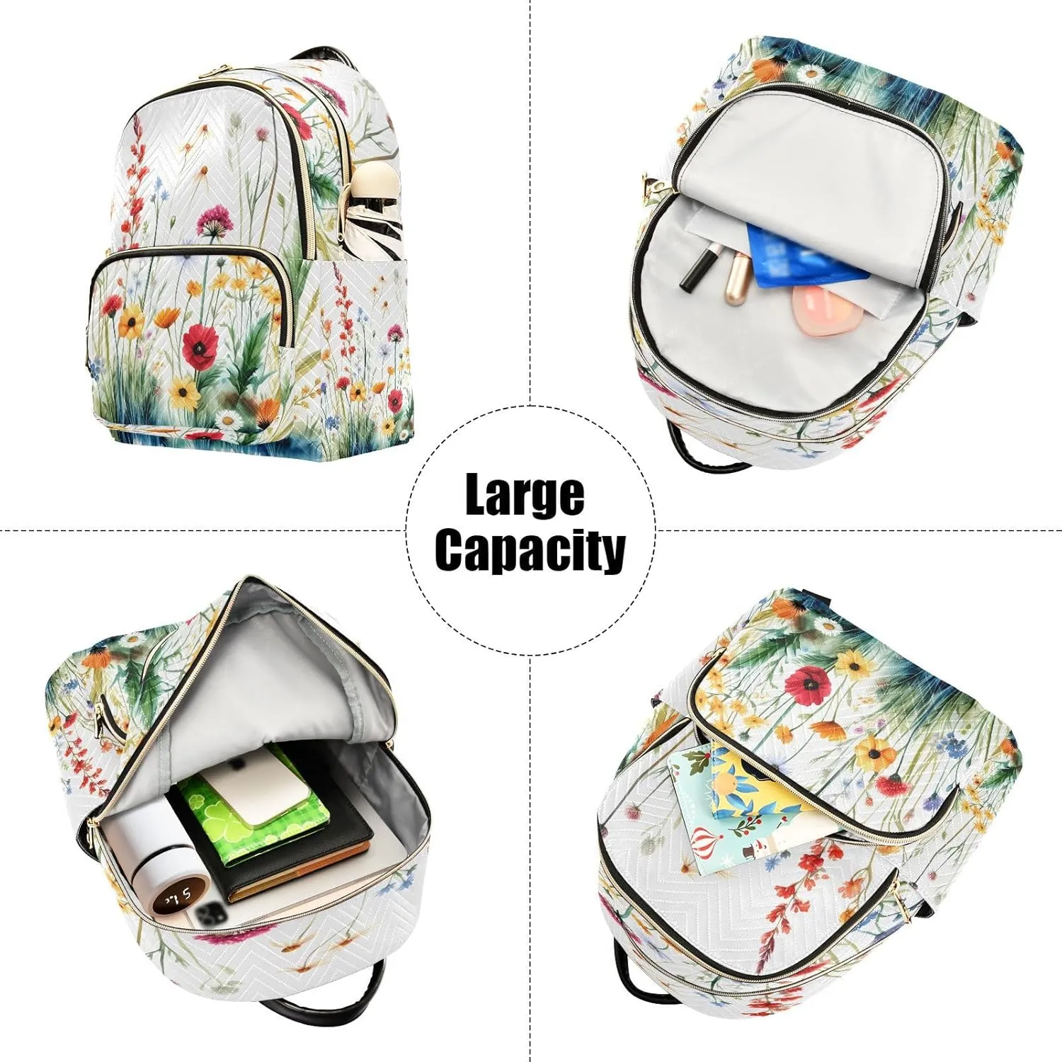Meadow Flowers White Backpack Purse for Women Travel Bag with Anti-theft Back for College Trips S