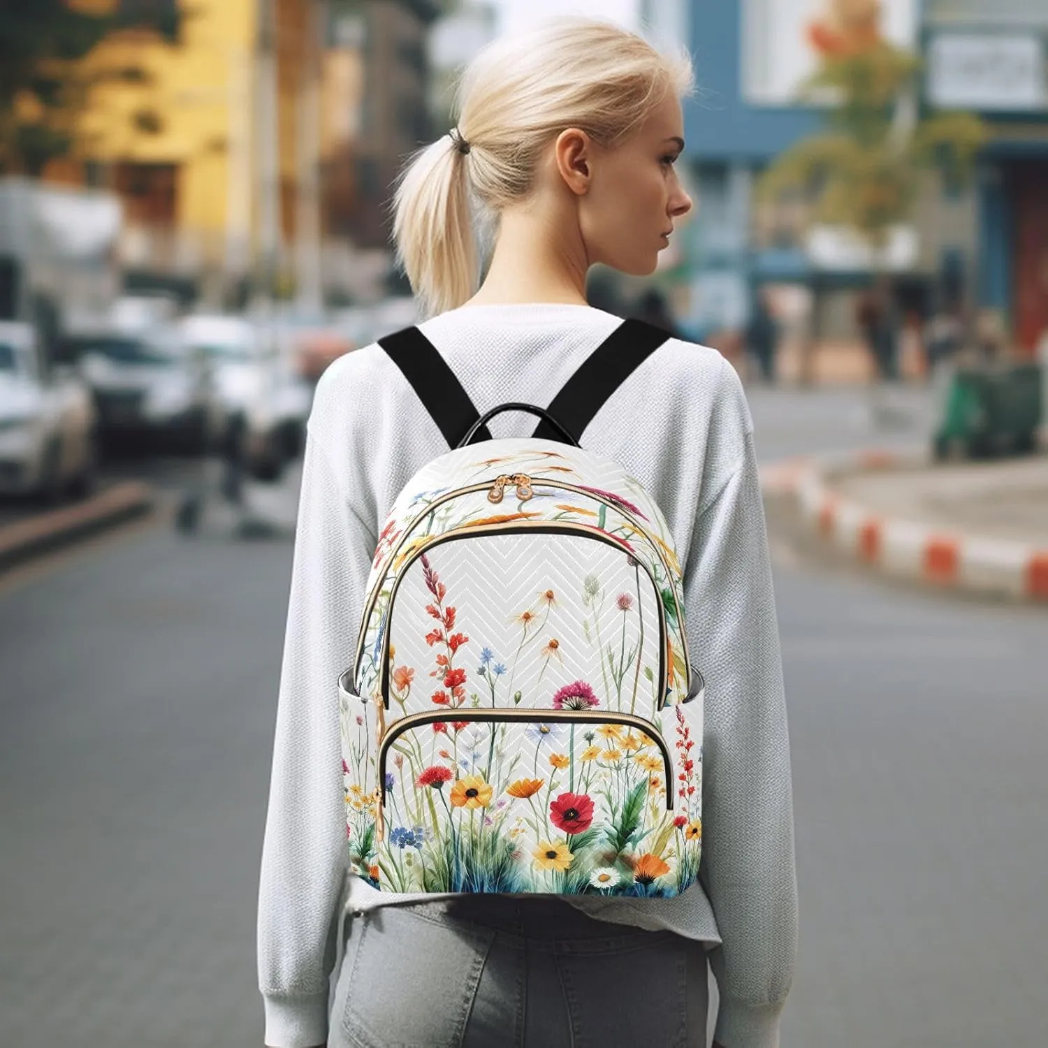 Meadow Flowers White Backpack Purse for Women Travel Bag with Anti-theft Back for College Trips S
