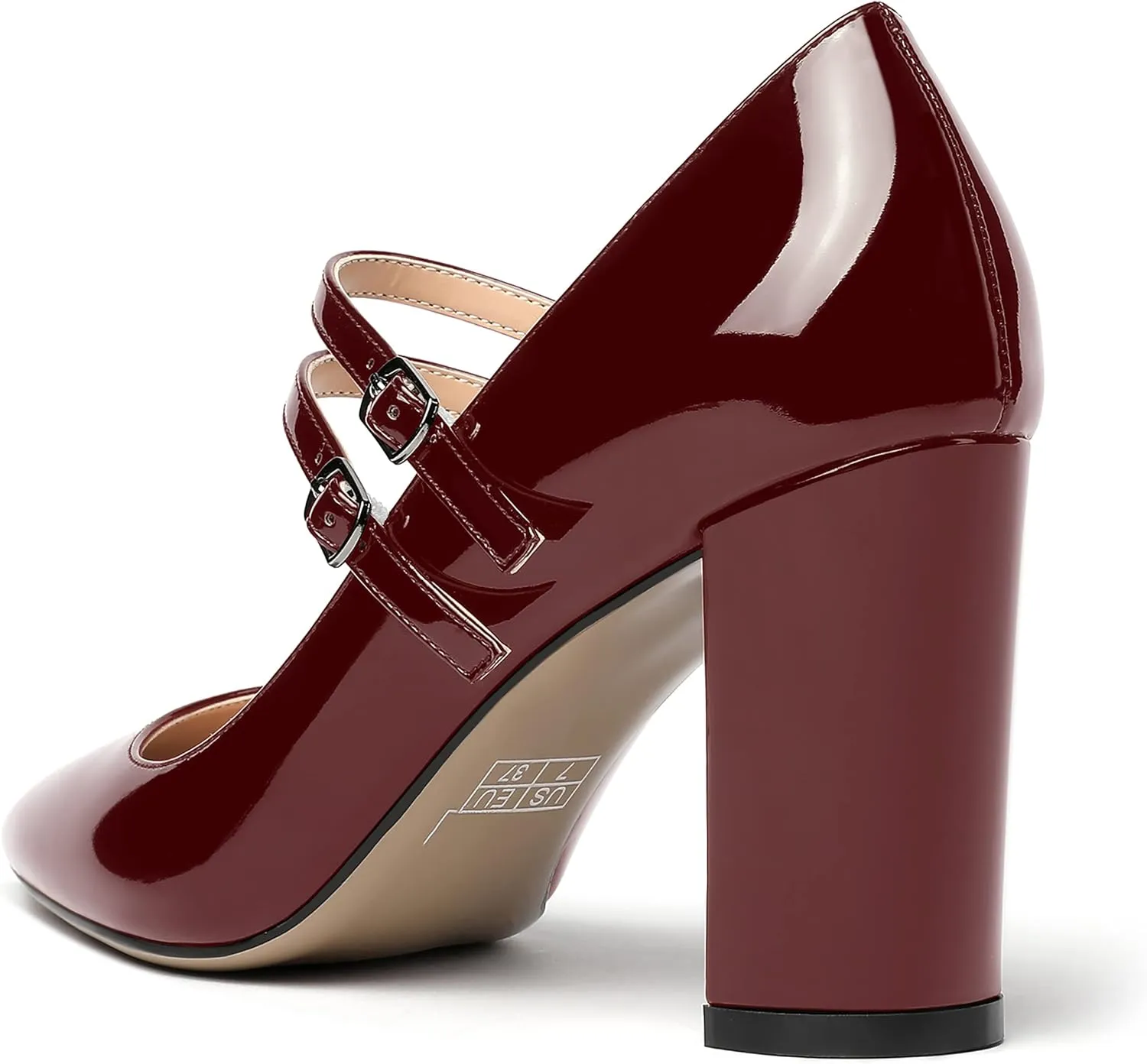 MERRORI Women's Patent Pointed Toe Block Adjustable Strap Buckle Solid Chunky High Heel Pumps Shoes 3.3 Inch