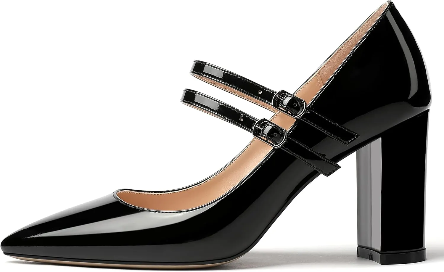 MERRORI Women's Patent Pointed Toe Block Adjustable Strap Buckle Solid Chunky High Heel Pumps Shoes 3.3 Inch