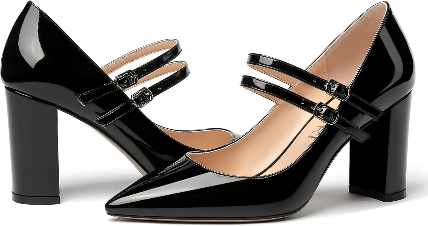 MERRORI Women's Patent Pointed Toe Block Adjustable Strap Buckle Solid Chunky High Heel Pumps Shoes 3.3 Inch