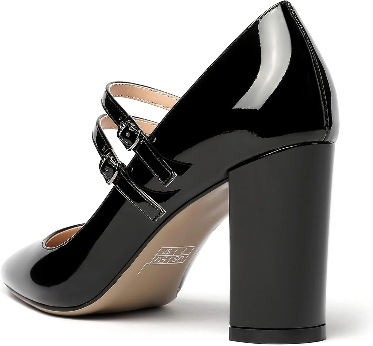 MERRORI Women's Patent Pointed Toe Block Adjustable Strap Buckle Solid Chunky High Heel Pumps Shoes 3.3 Inch