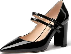 MERRORI Women's Patent Pointed Toe Block Adjustable Strap Buckle Solid Chunky High Heel Pumps Shoes 3.3 Inch