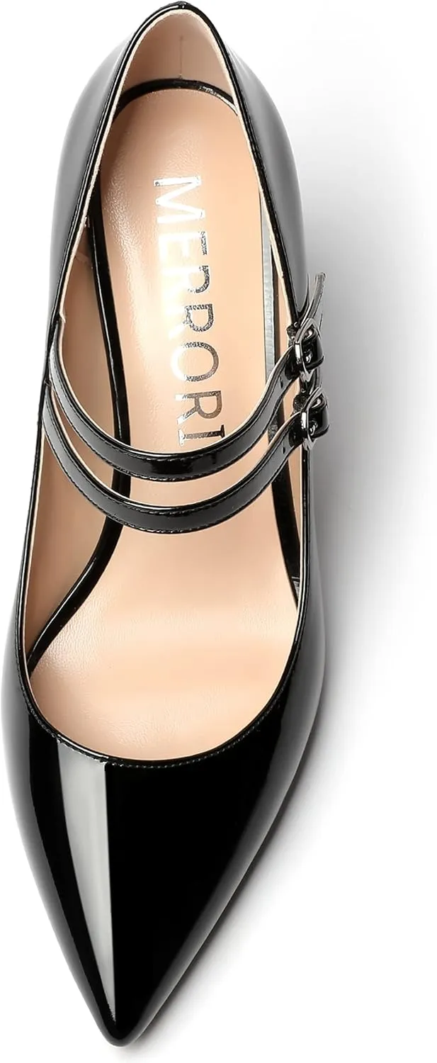 MERRORI Women's Patent Pointed Toe Block Adjustable Strap Buckle Solid Chunky High Heel Pumps Shoes 3.3 Inch