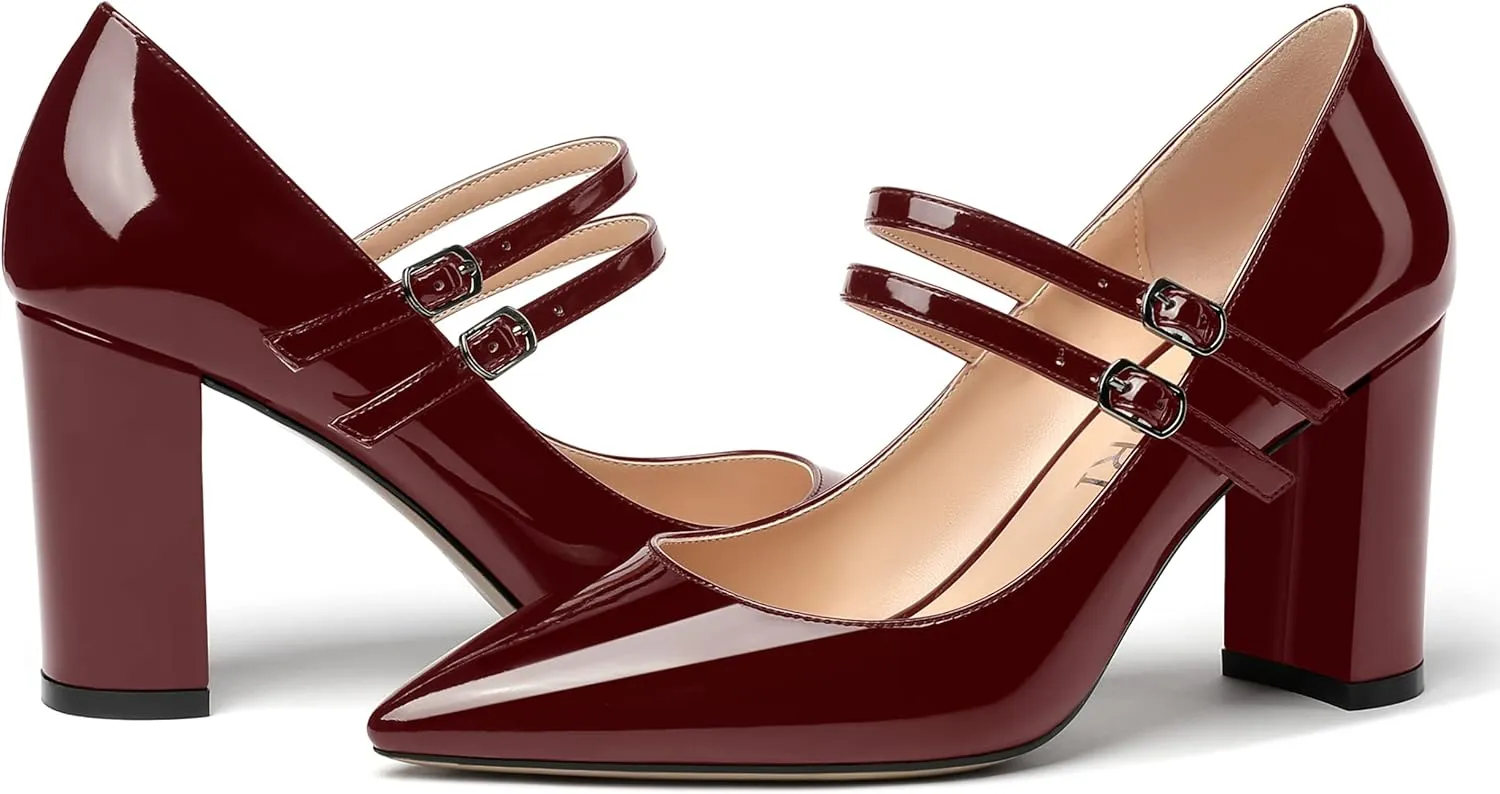 MERRORI Women's Patent Pointed Toe Block Adjustable Strap Buckle Solid Chunky High Heel Pumps Shoes 3.3 Inch