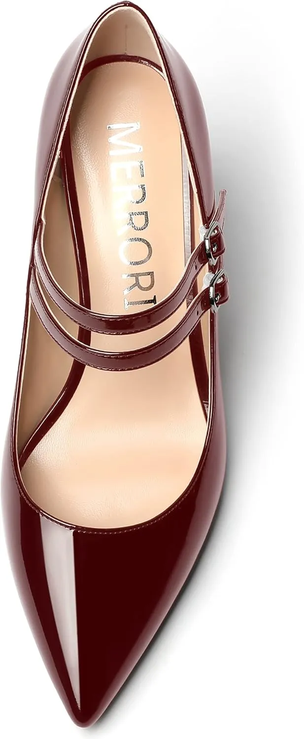 MERRORI Women's Patent Pointed Toe Block Adjustable Strap Buckle Solid Chunky High Heel Pumps Shoes 3.3 Inch