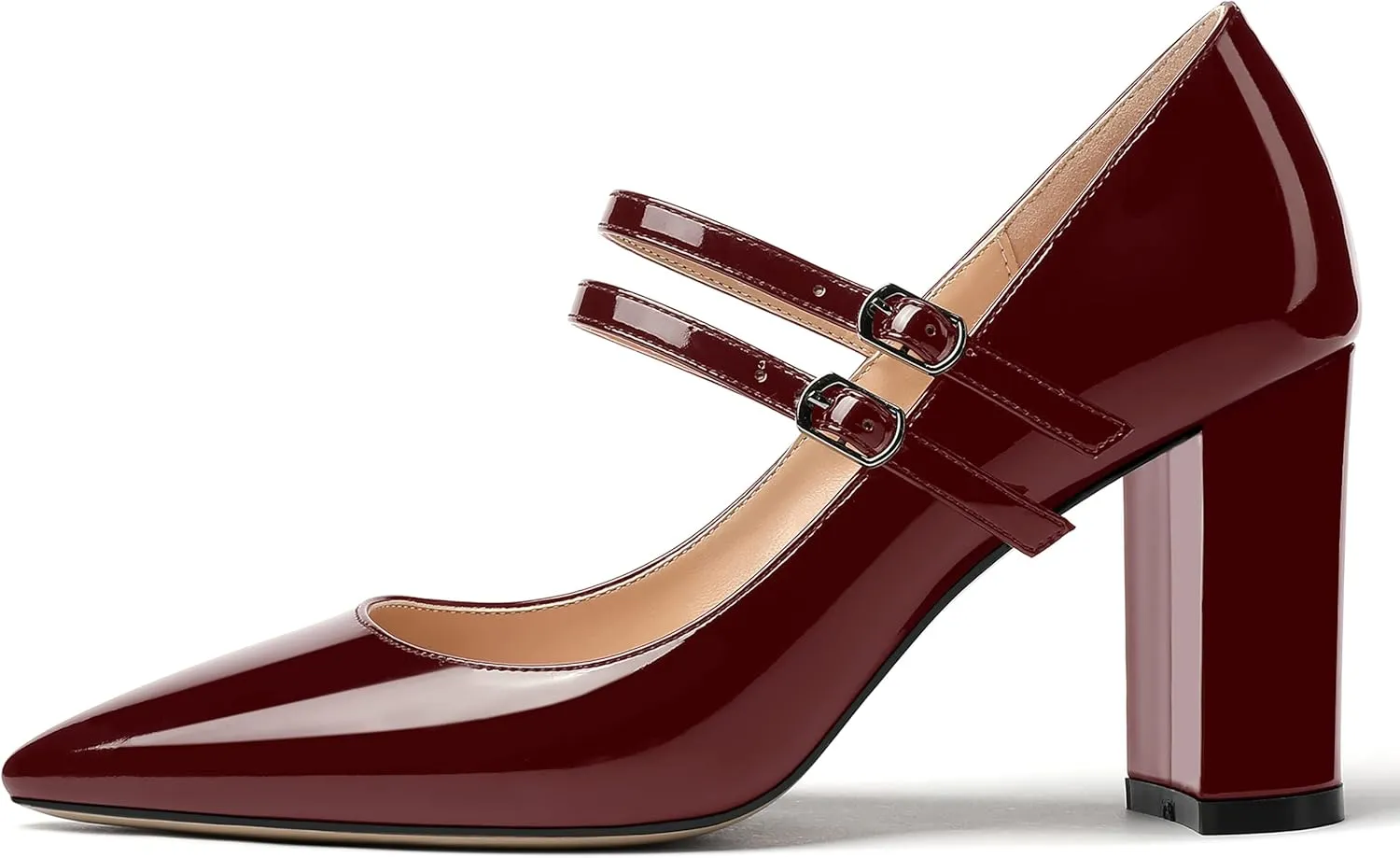 MERRORI Women's Patent Pointed Toe Block Adjustable Strap Buckle Solid Chunky High Heel Pumps Shoes 3.3 Inch
