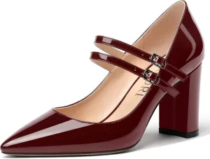 MERRORI Women's Patent Pointed Toe Block Adjustable Strap Buckle Solid Chunky High Heel Pumps Shoes 3.3 Inch