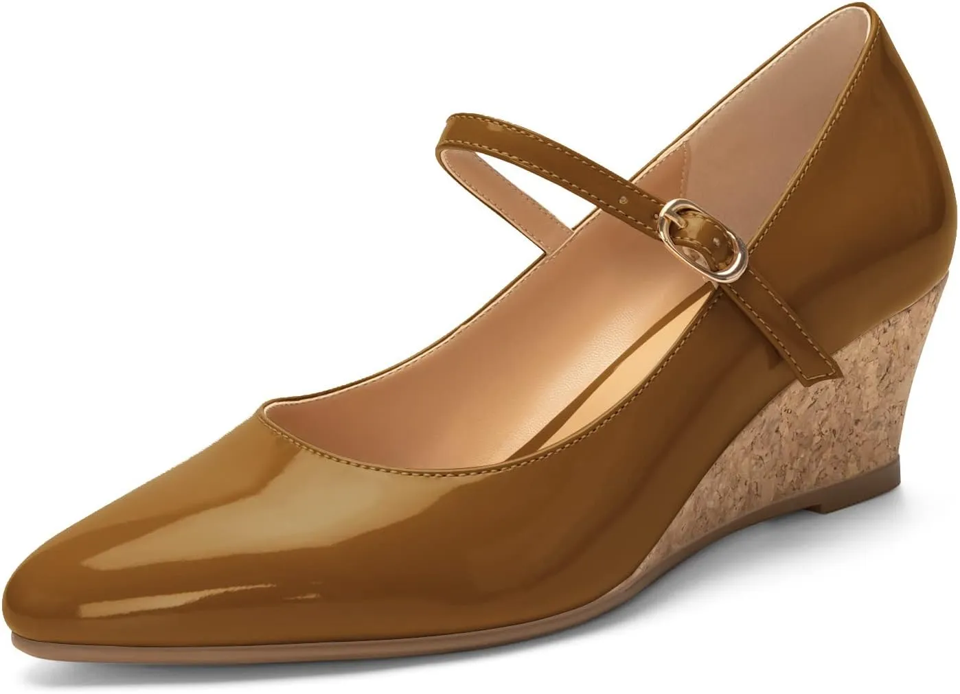 Mettesally Women's Wedge Pumps Pointed Toe Ankle Strap Mid Heel Comfortable Dress Shoes