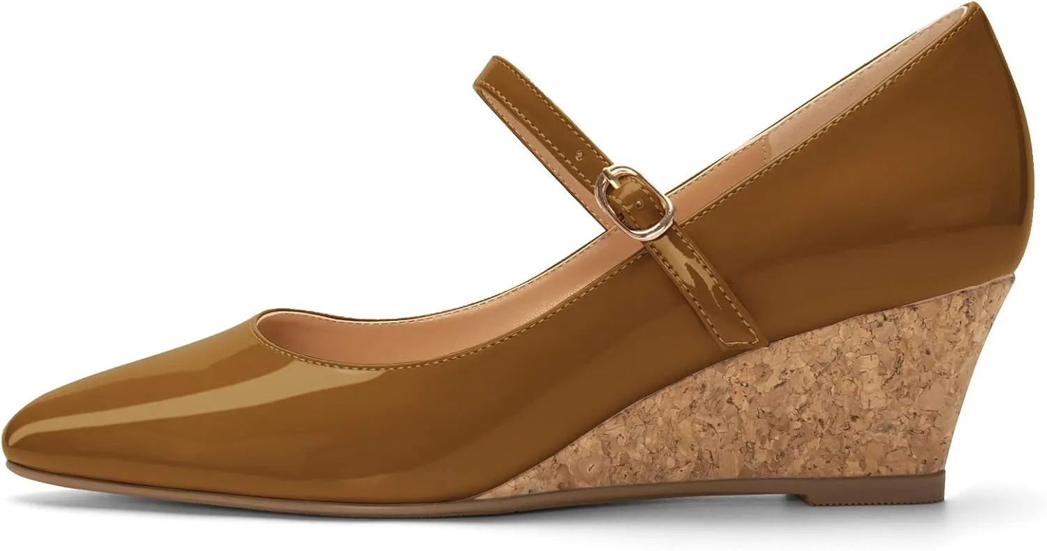 Mettesally Women's Wedge Pumps Pointed Toe Ankle Strap Mid Heel Comfortable Dress Shoes