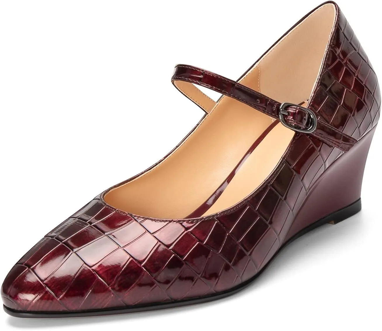 Mettesally Women's Wedge Pumps Pointed Toe Ankle Strap Mid Heel Comfortable Dress Shoes