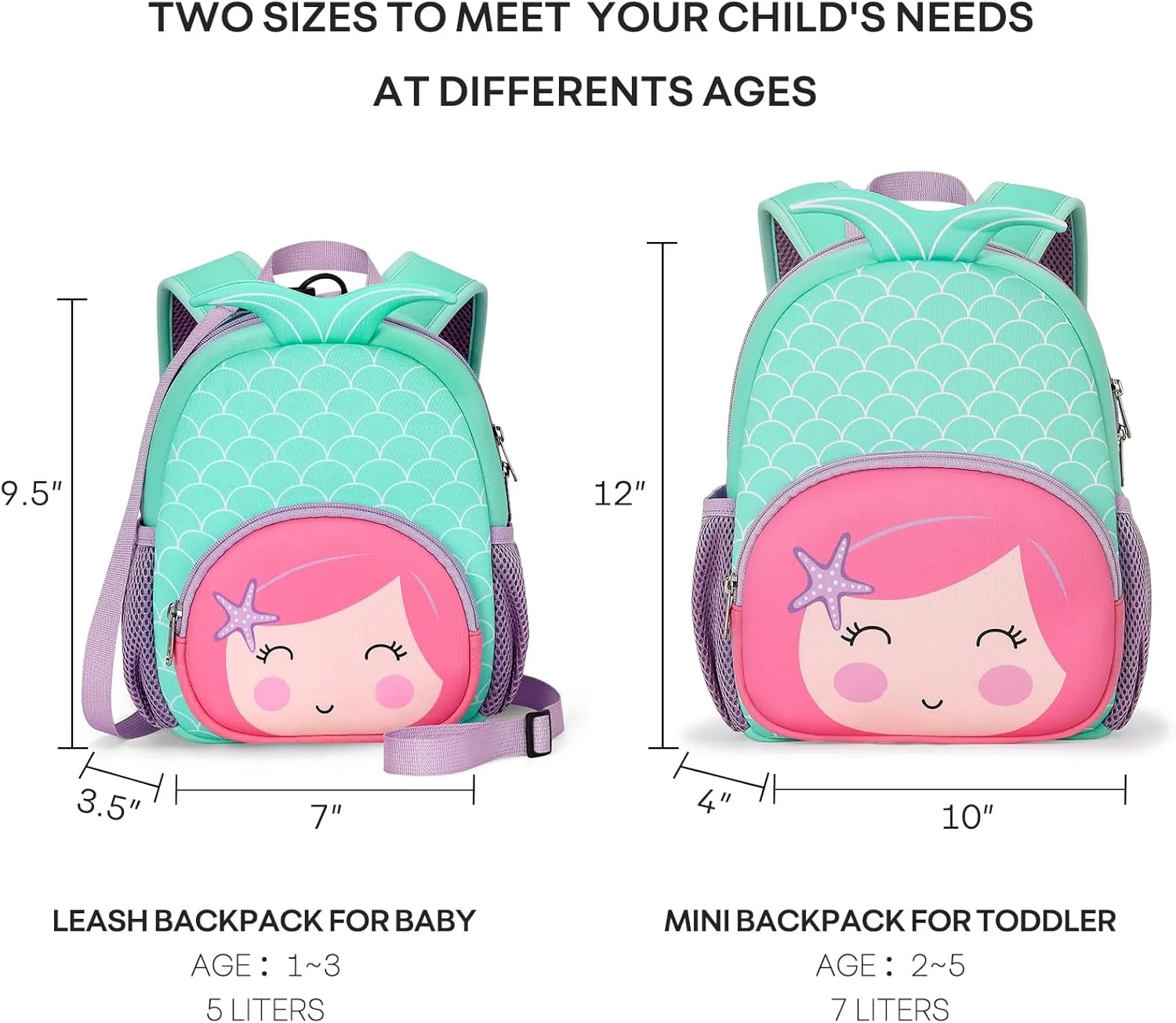 mibasies Backpack Leash for Toddlers 1-3: Baby Backpack with Leash for Boys Girls - Mermaid Backpack - 9inch Mini