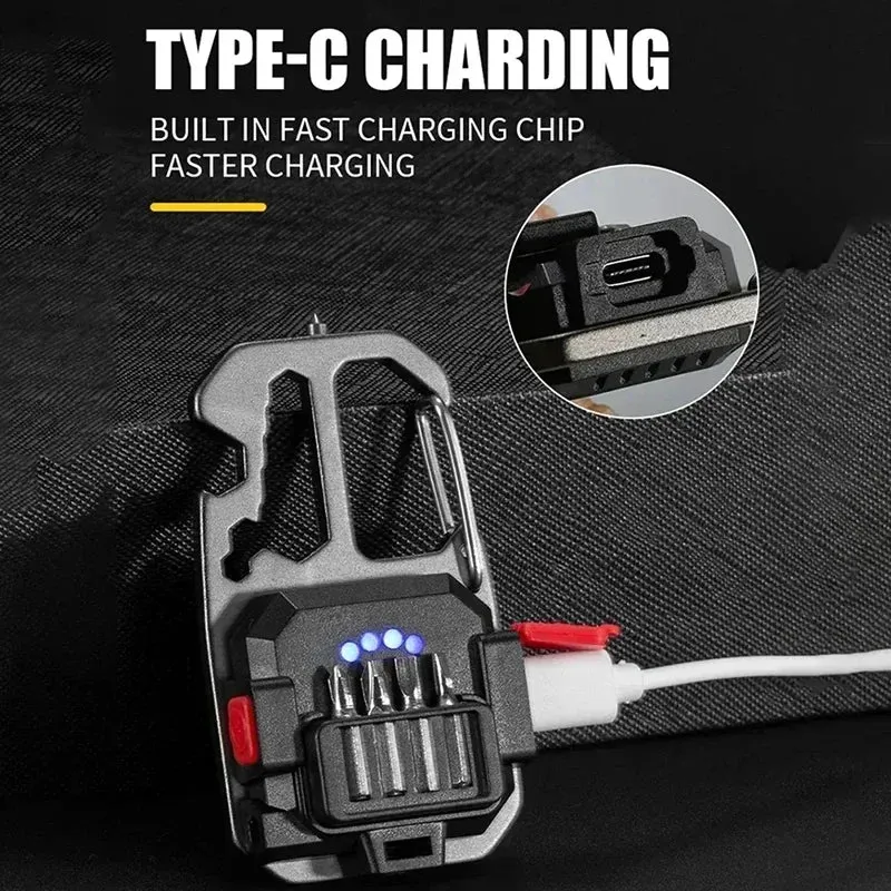 Mini LED Keychain Flashlight with Window Hammer, Bottle Opener, COB Work Light for Camping and Emergency Lighting