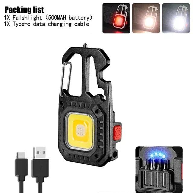 Mini LED Keychain Flashlight with Window Hammer, Bottle Opener, COB Work Light for Camping and Emergency Lighting
