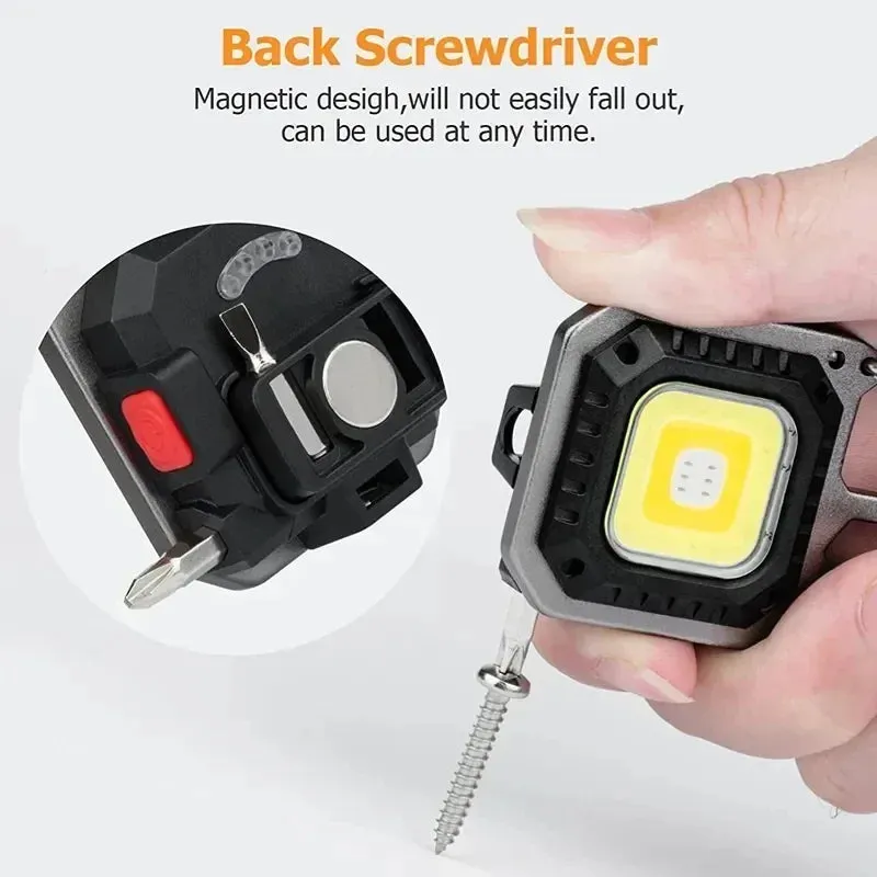 Mini LED Keychain Flashlight with Window Hammer, Bottle Opener, COB Work Light for Camping and Emergency Lighting