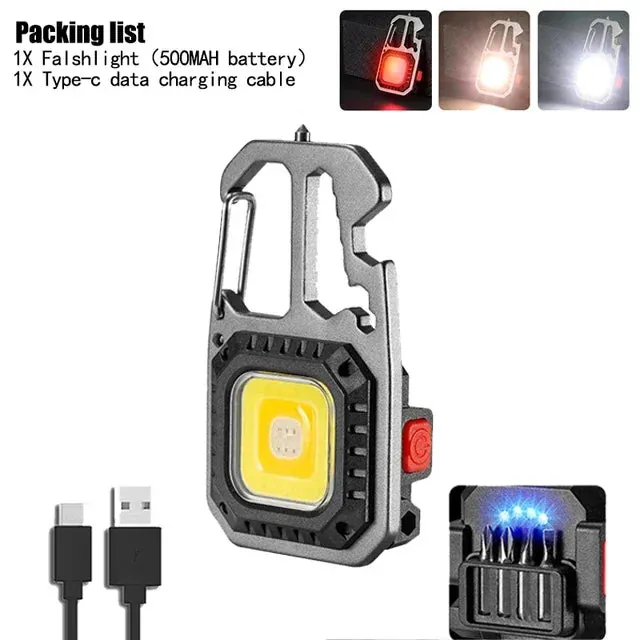 Mini LED Keychain Flashlight with Window Hammer, Bottle Opener, COB Work Light for Camping and Emergency Lighting