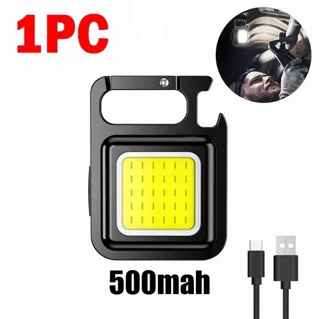Mini LED Keychain Flashlight with Window Hammer, Bottle Opener, COB Work Light for Camping and Emergency Lighting