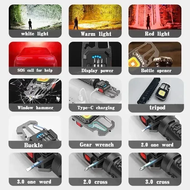 Mini LED Keychain Flashlight with Window Hammer, Bottle Opener, COB Work Light for Camping and Emergency Lighting