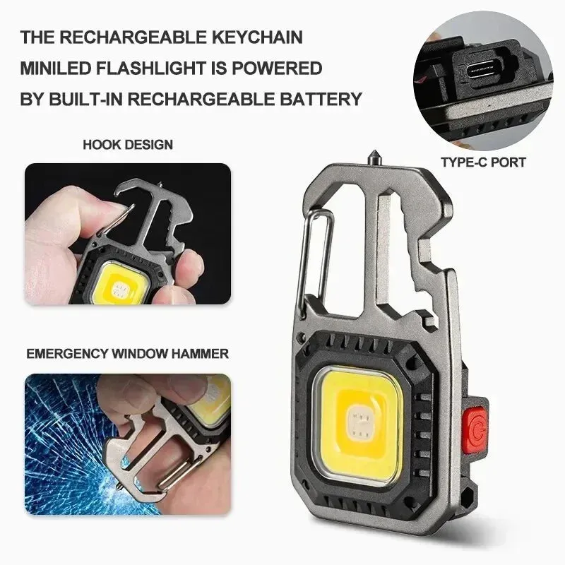Mini LED Keychain Flashlight with Window Hammer, Bottle Opener, COB Work Light for Camping and Emergency Lighting