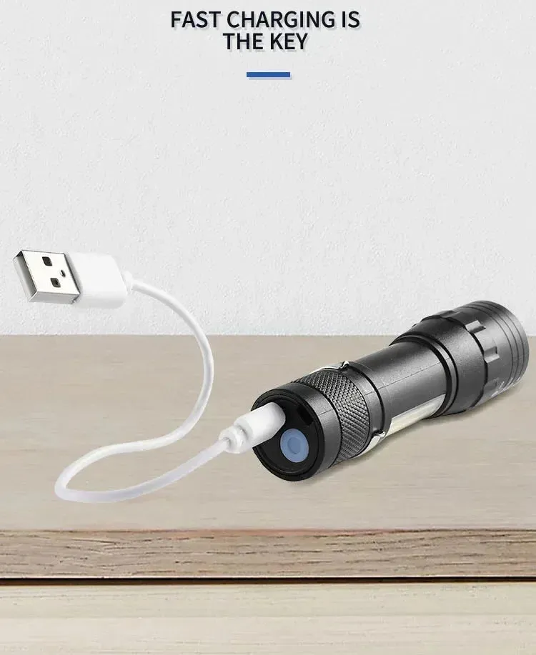 Mini USB Rechargeable LED Flashlight - COB XPE, Zoomable, 3 Modes, Built-in Battery, Outdoor Camping Emergency Torch