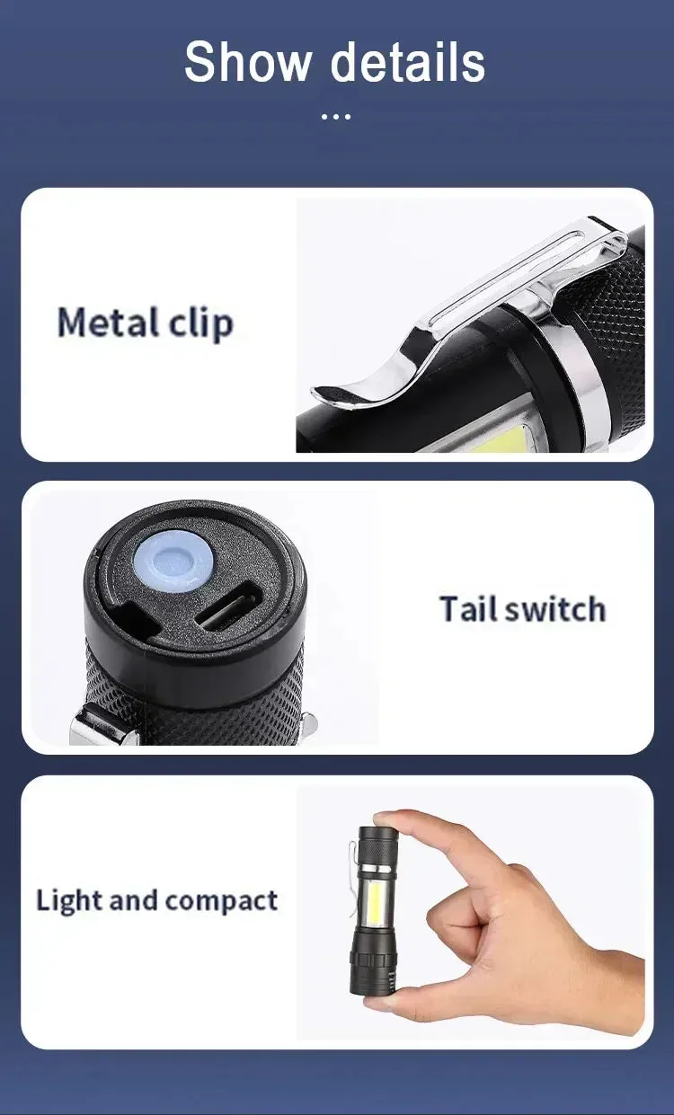 Mini USB Rechargeable LED Flashlight - COB XPE, Zoomable, 3 Modes, Built-in Battery, Outdoor Camping Emergency Torch