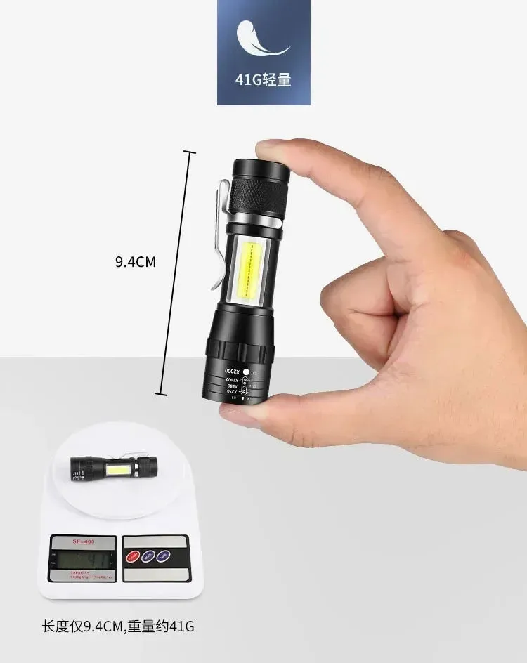 Mini USB Rechargeable LED Flashlight - COB XPE, Zoomable, 3 Modes, Built-in Battery, Outdoor Camping Emergency Torch