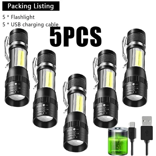 Mini USB Rechargeable LED Flashlight - COB XPE, Zoomable, 3 Modes, Built-in Battery, Outdoor Camping Emergency Torch