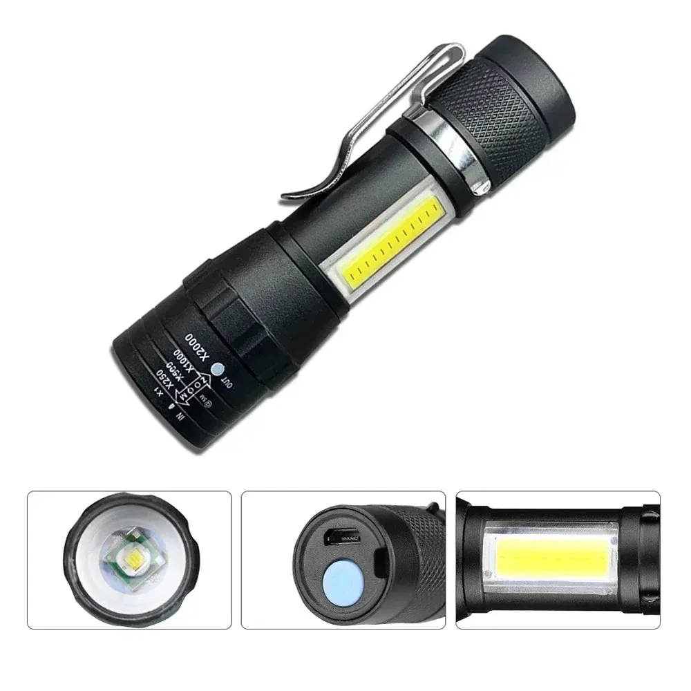 Mini USB Rechargeable LED Flashlight - COB XPE, Zoomable, 3 Modes, Built-in Battery, Outdoor Camping Emergency Torch