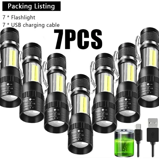 Mini USB Rechargeable LED Flashlight - COB XPE, Zoomable, 3 Modes, Built-in Battery, Outdoor Camping Emergency Torch