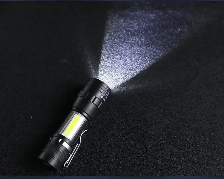 Mini USB Rechargeable LED Flashlight - COB XPE, Zoomable, 3 Modes, Built-in Battery, Outdoor Camping Emergency Torch